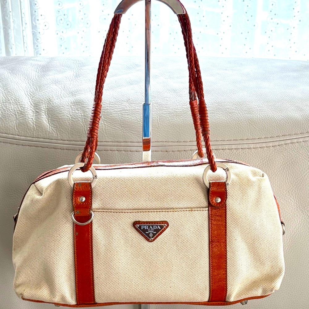 Prada Cream and Brown Leather Shoulder Bag